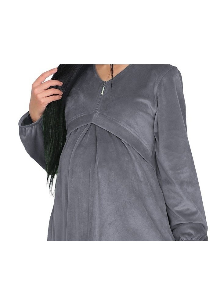 دعدوش  طقم بيجامة حمل حريمي من القطيفة، متوفر بألوان متعددة، طقم ملابس حمل مخمل ناعمةودافئة بسحاب امامي من دعدوش - Image 3